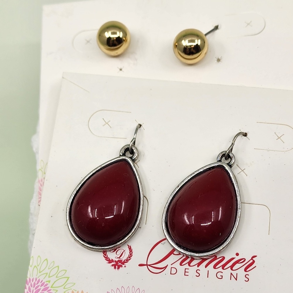 Premier Designs 2 Pair Earring Set Red Teardrop Dangle Gold Tone Ball Studs